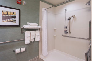 accessible bathroom with roll-in shower and grab bars